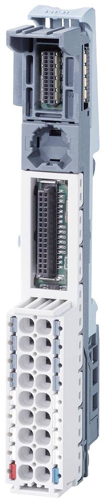 Průmyslový elektronický modul se dvěma řadami připojovacích svorek; nahoře zásuvný slot s viditelnými kontaktními kolíky.