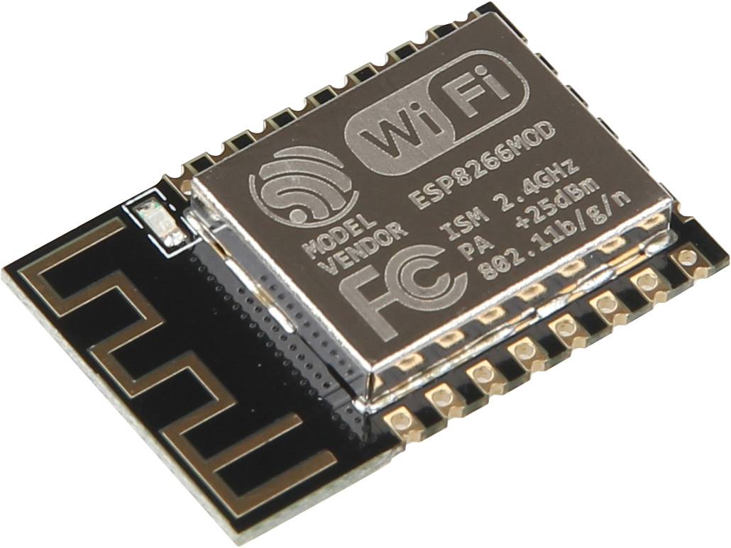 ESP8266 Wi-Fi modul, obdélníkového tvaru, s anténní cívkou a nápisem "Wi-Fi", je určen pro bezdrátové síťové připojení.