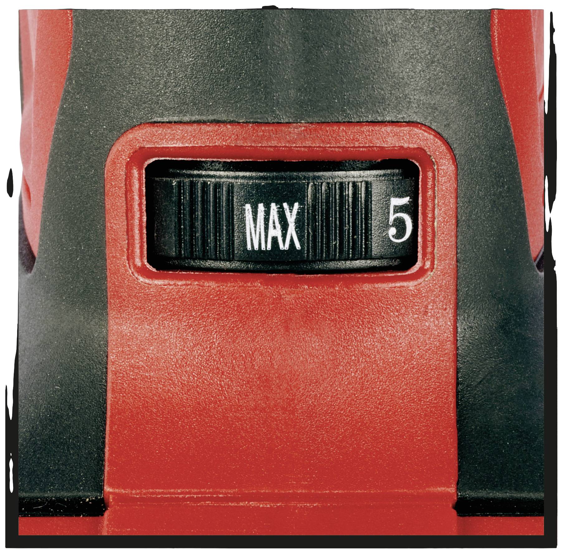 Červený otočný ovladač na zařízení nastavený na 'MAX 5'.