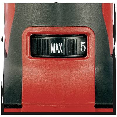 Červený otočný ovladač na zařízení nastavený na 'MAX 5'.
