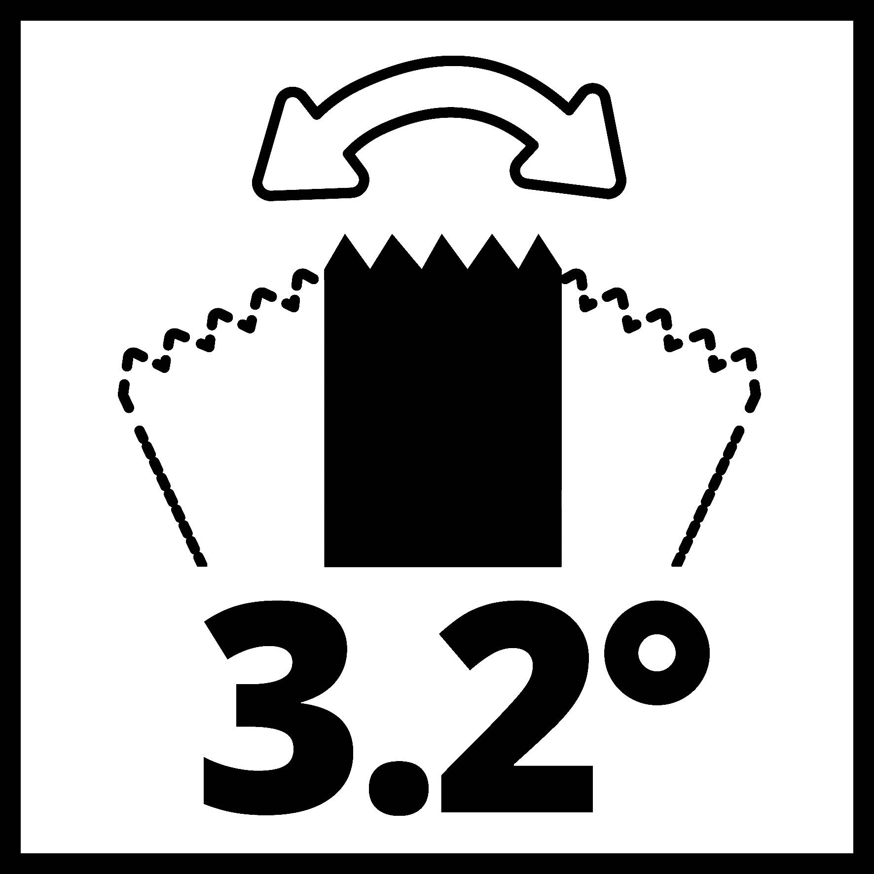 Symbol s ozubeným obdélníkem a dvojitým šipkovým pohybem nad číslem '3,2°'. Symbolizuje naklápěcí pohyb.