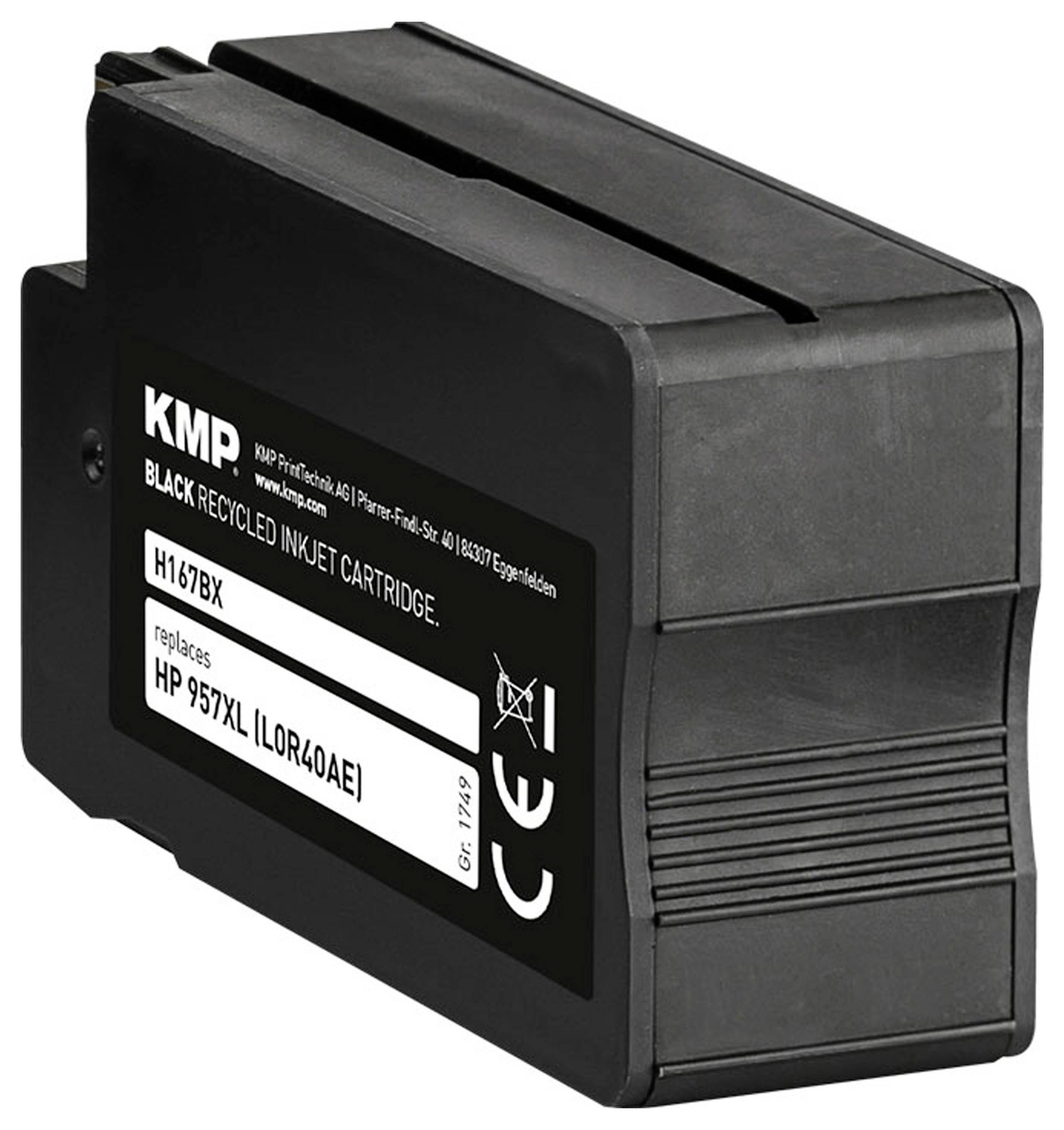 Černá recyklovaná inkoustová kazeta značky KMP, kompatibilní s HP 957XL. Určená pro tiskárny, s certifikací CE.