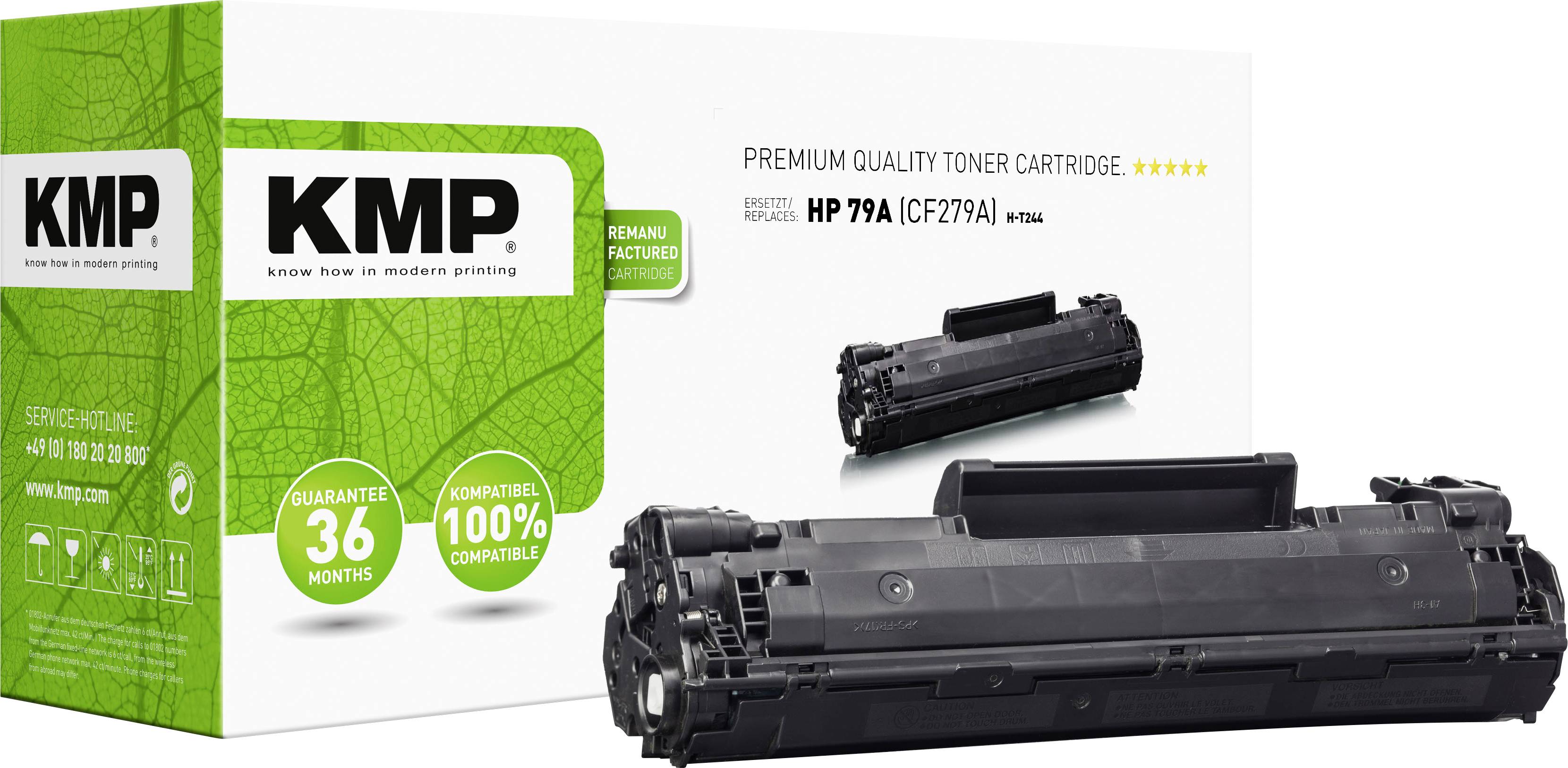 Kazeta a obal s textem 'Premium Quality Toner Cartridge', kompatibilní s HP 79A (CF279A). Záruka 36 měsíců, zelený obal.