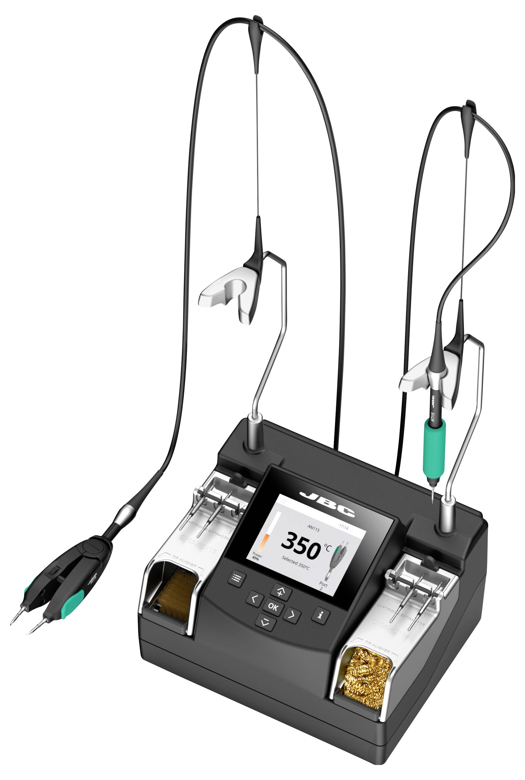 Pájecí stanice se dvěma pájecími pistolemi, digitálním displejem zobrazujícím '350°' a čisticím příslušenstvím.