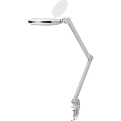 Bílá stolní lampa s nastavitelným ramenem a svorkou pro upevnění na okraj stolu. Ideální pro přesné práce.
