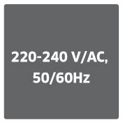 Šedé pozadí s černým nápisem '220-240 V/AC, 50/60 Hz', který udává napětí a frekvenci zařízení.