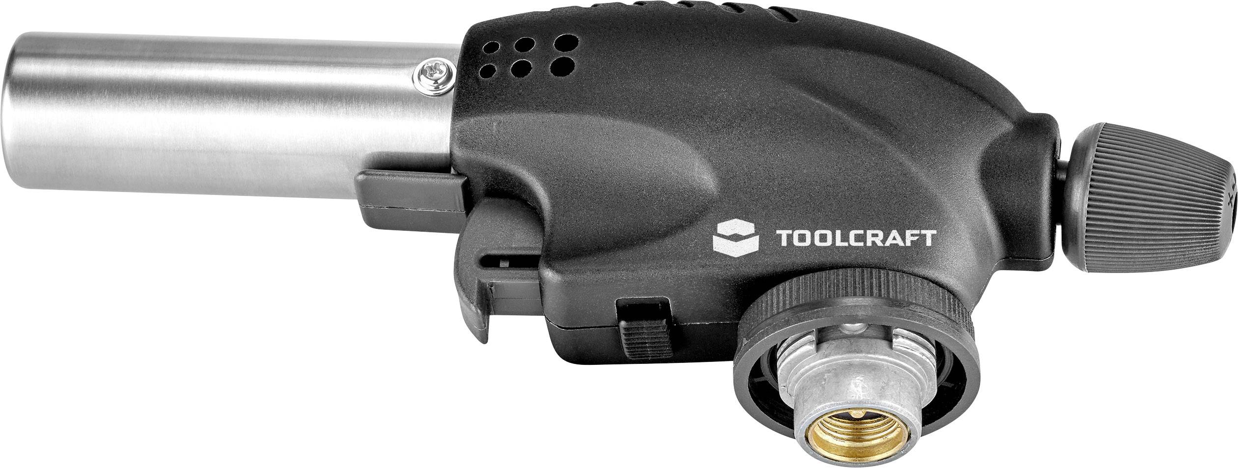 Plynový hořák Butan od společnosti Toolcraft, vhodný pro přesné pájení; černé tělo s tryskou z nerezové oceli, boční regulátor.