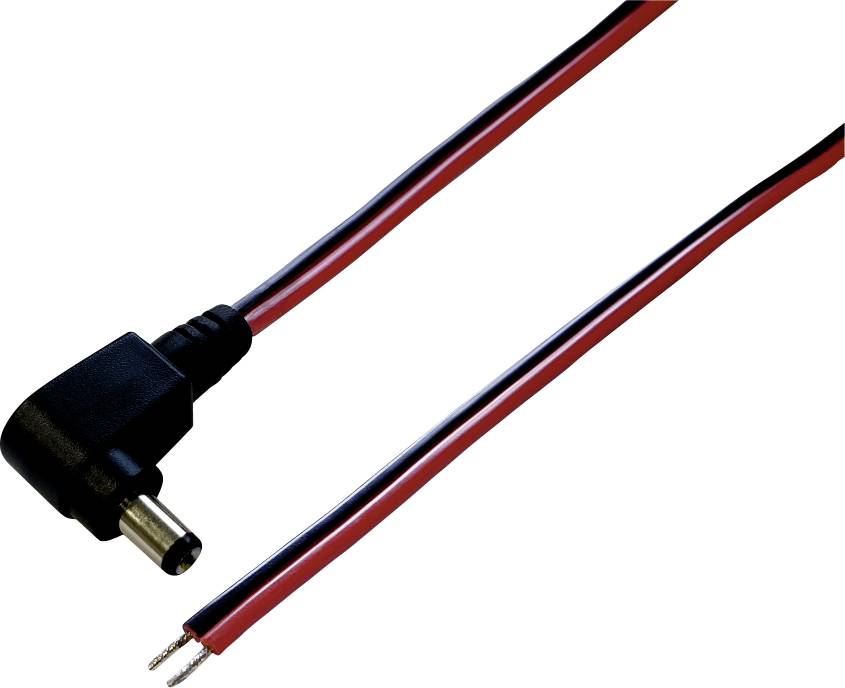 Černý napájecí kabel DC s lomným konektorem a volně vedenými červenými a černými vodiči na konci.