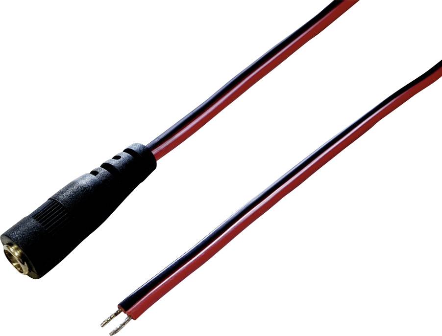 Černý DC napájecí kabel s válcovou zástrčkou na jedné straně a dvěma volnými vodiči (červeným a černým) na straně druhé.