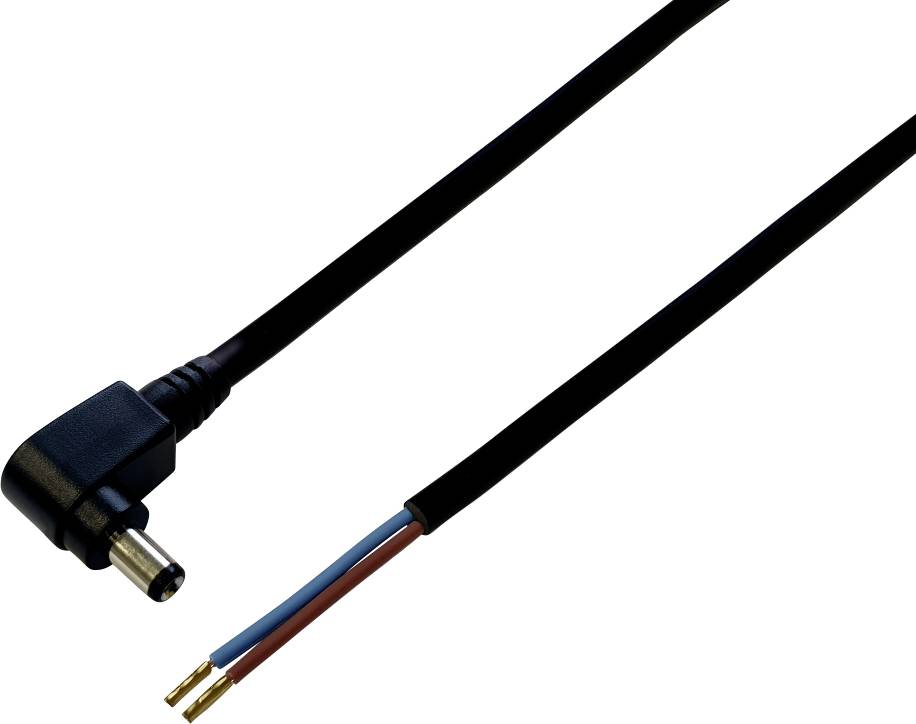 Černý kabel s zahnutou zástrčkou a dvěma odizolovanými konci, které odhalují hnědý a modrý vodič.