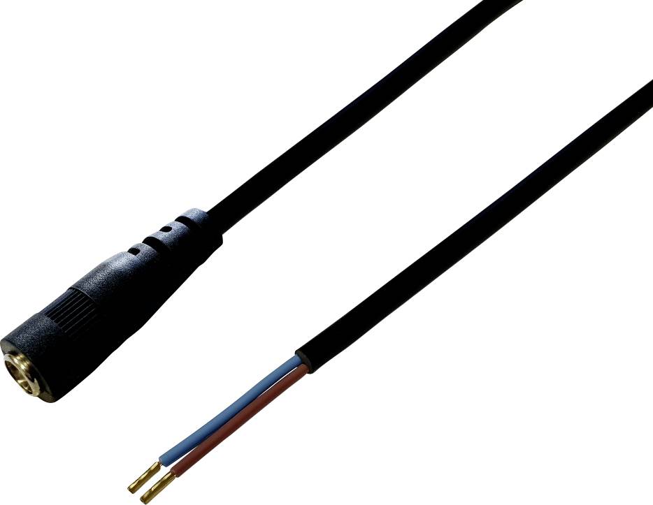 Černý kabel se dvěma odizolovanými konci a kovovým konektorem, vhodný pro elektrické připojení.