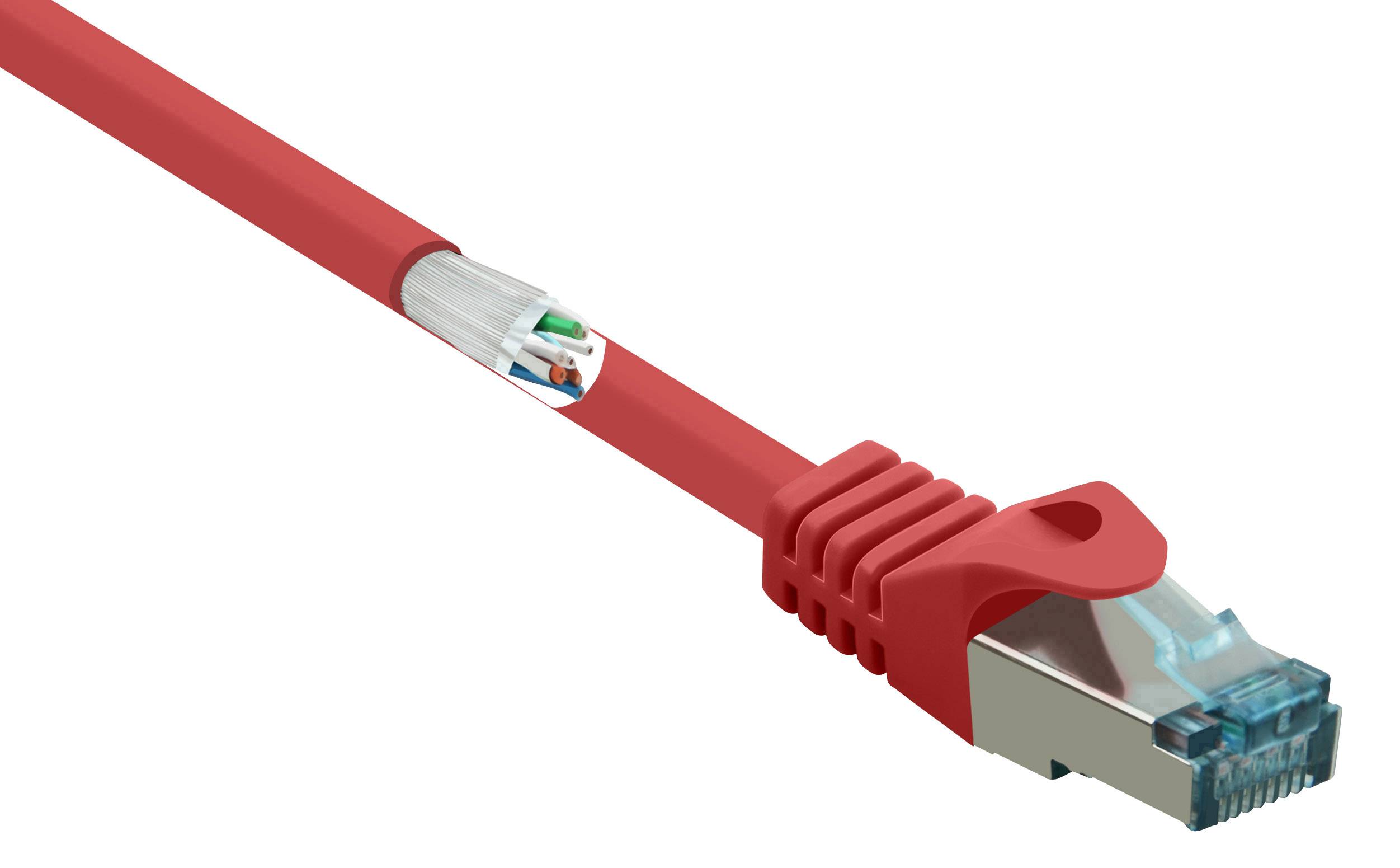 Červený síťový kabel s konektorem RJ45 zobrazující vnitřní pohled na strukturu kabelu.