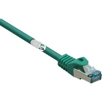 Zelený ethernetový kabel s konektorem RJ45, typicky používaný pro síťová připojení v počítačových sítích.