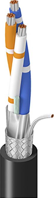 Otevřený koaxiální kabel s barevnými vodiči (modrý, oranžový, bílý) a stříbrným stíněním.