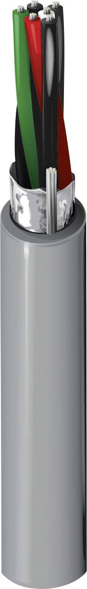 Šedý kabel s několika barevnými vnitřními vodiči, včetně zelené, červené a černé barvy. Zobrazuje vnitřní strukturu elektrických kabelů.
