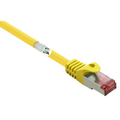 Žluté ethernetové síťové rozhraní s průhlednou koncovkou. Schematický nákres znázorňuje vnitřní strukturu kabelu s barevnými vodiči.