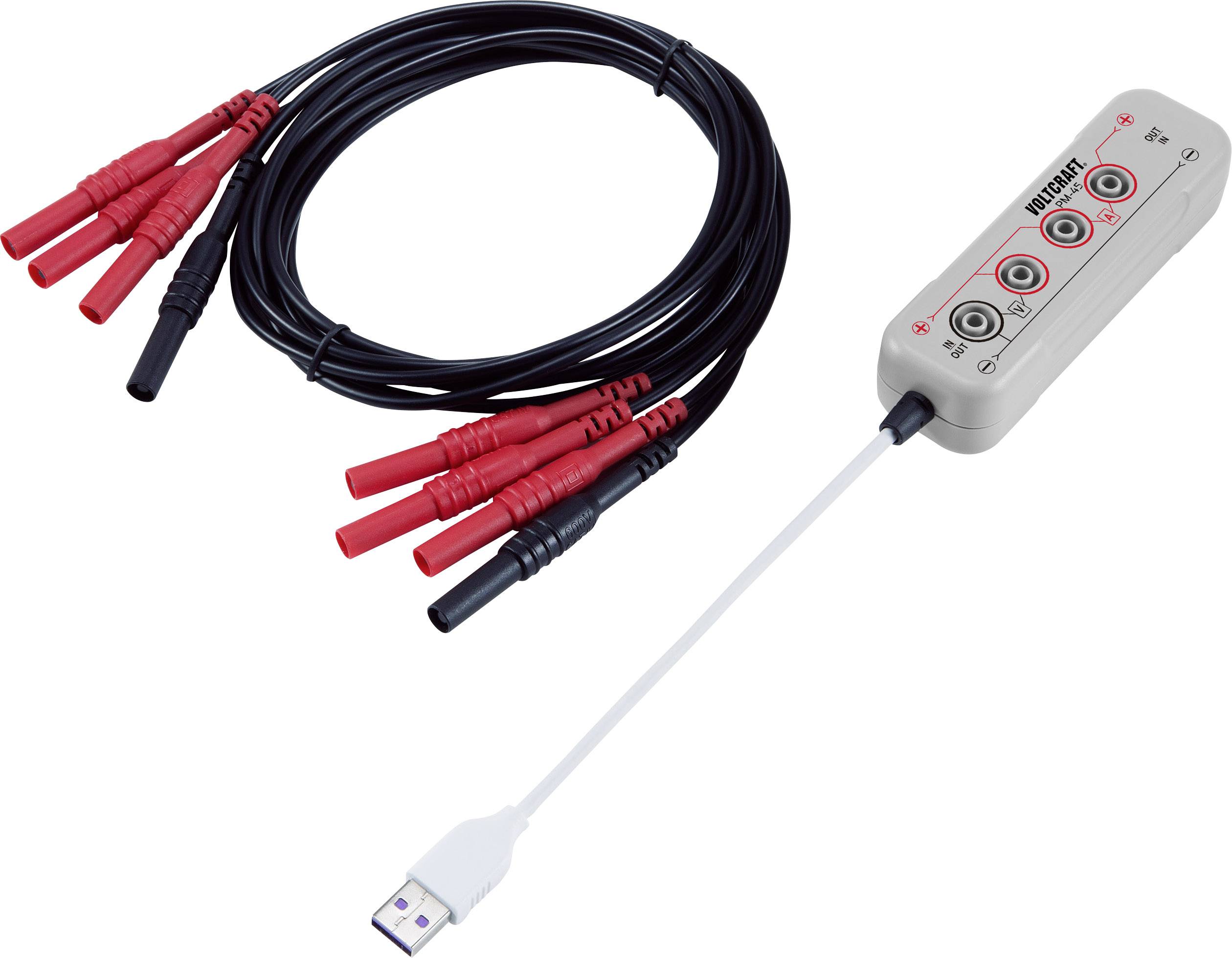 USB zařízení se čtyřmi červenými a černými kabely, které končí kulatými konektory. Vhodné pro elektronická měření nebo diagnostiku.