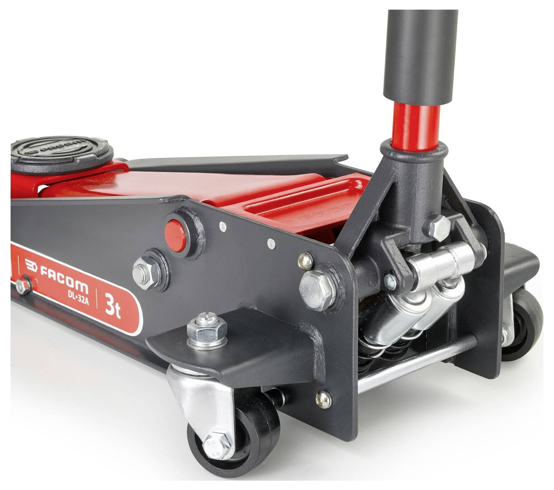 Hydraulický zvedák z kovu s nosností 3 tun. Logo značky a číslo modelu jsou umístěny na boku.