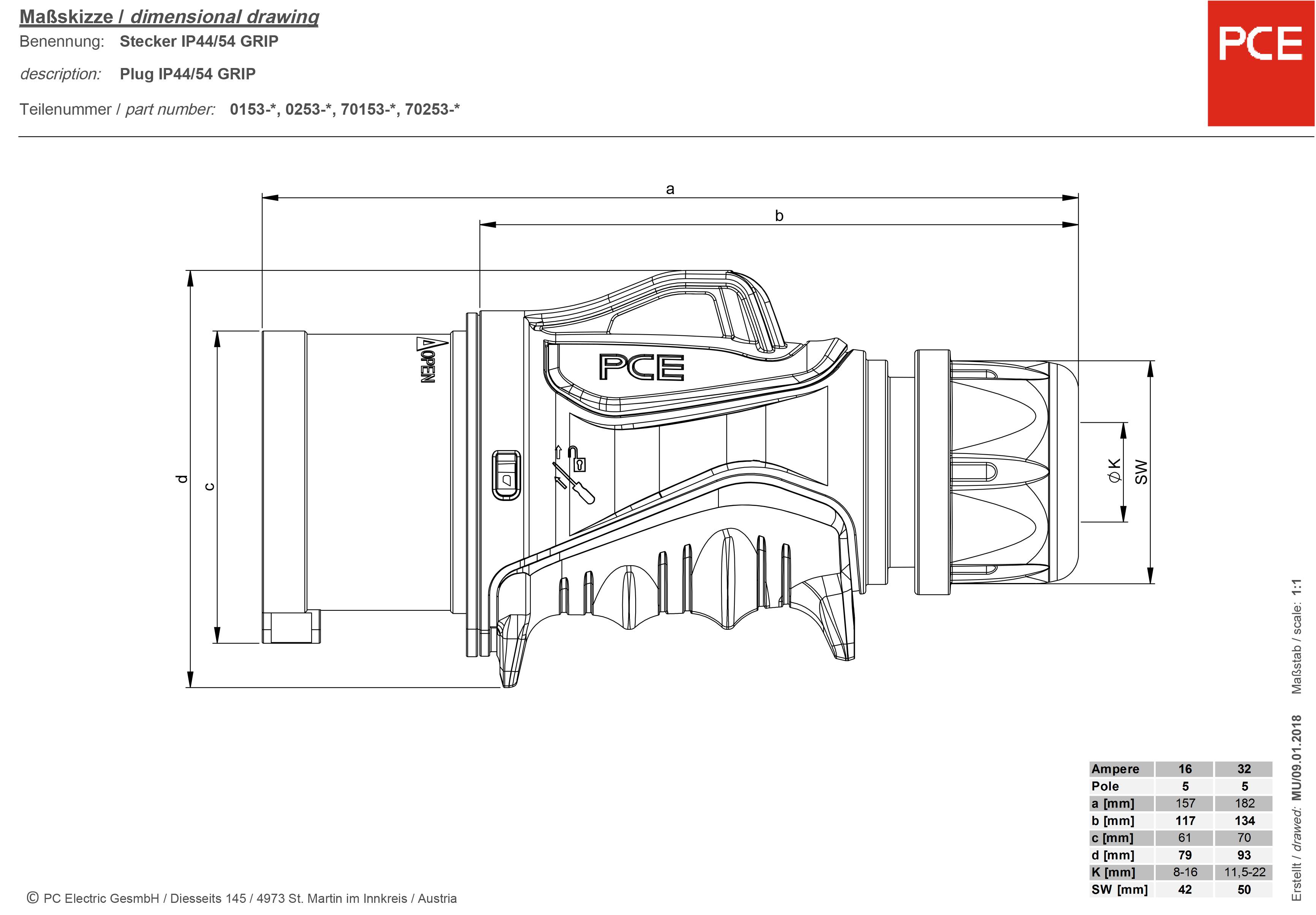 Výkres rozměrů konektoru PCE typu IP44/46 GRIP s uvedením rozměrů a pohledů. Obsahuje technické detaily pro použití.