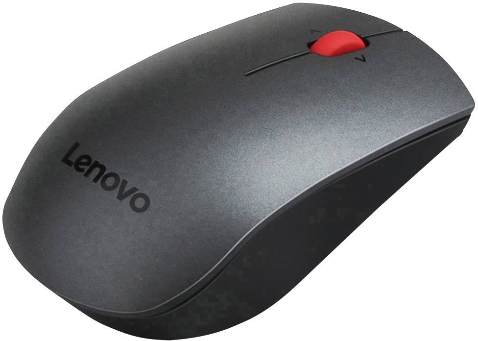Černá bezdrátová myš Lenovo s červeným kolečkem umístěná na bílém pozadí.