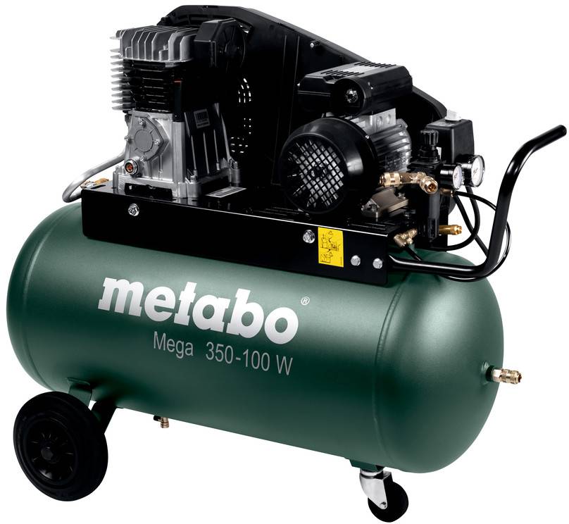 Metabo Mega 350-100 W kompresor se vzduchovým kompresorem, nádrží, koly a motorovým agregátem na bílém pozadí.