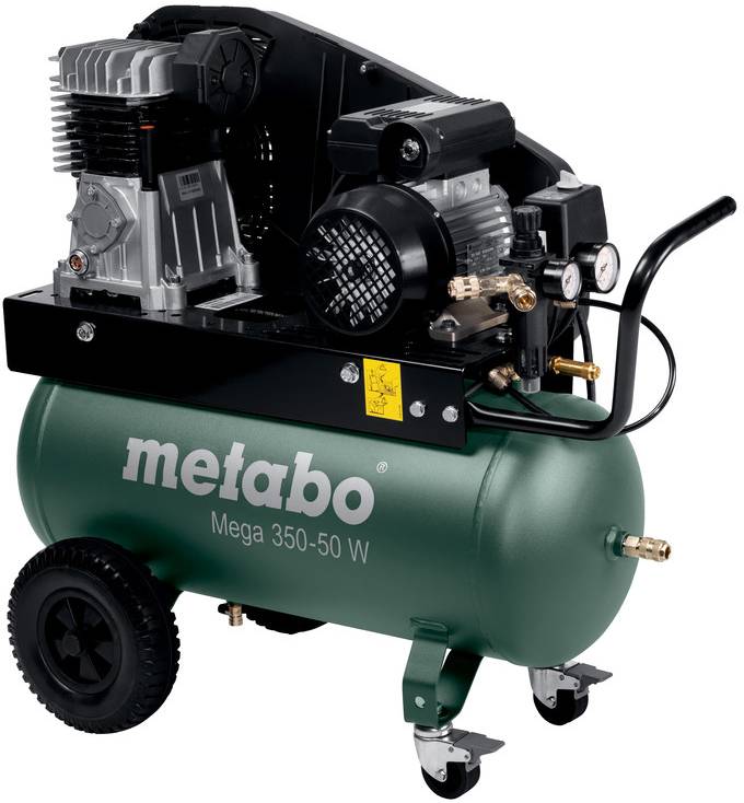 Přenosný vzduchový kompresor Metabo Mega 350-50 W se zelenou nádrží, motorovým sestavením, kolečky a rukojetí na bílém pozadí.