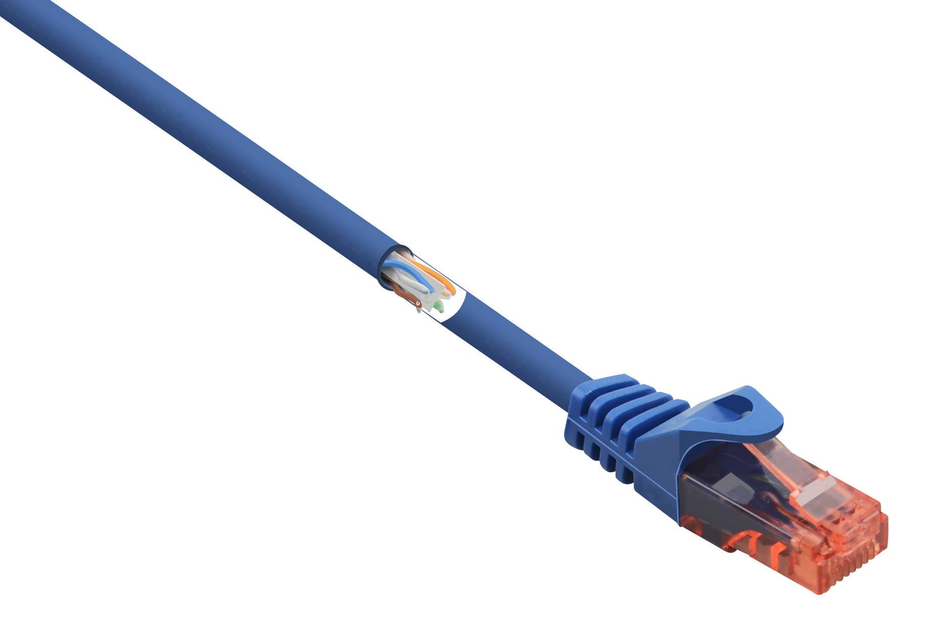 Modrý ethernetový kabel s oranžovým konektorem, částečně odizolovaný pro odhalení vodičů. Používán pro síťové připojení.