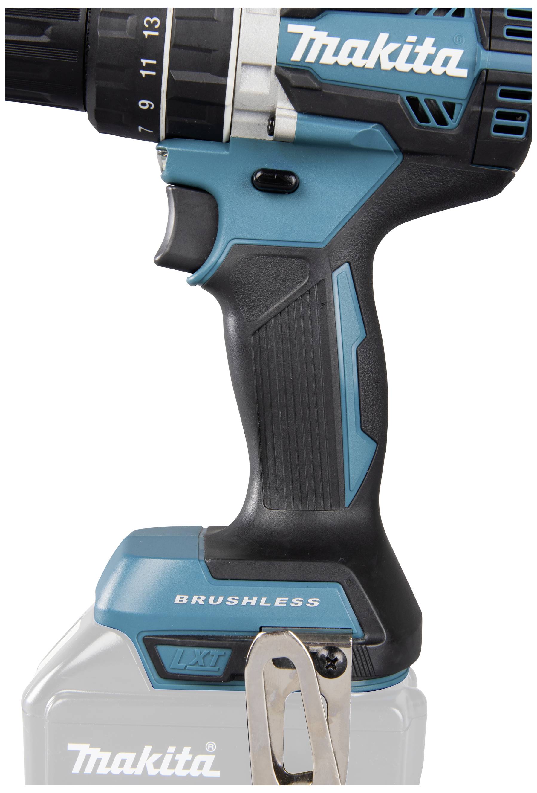 Akumulátorový vrtací šroubovák z boku s modro-černou rukojetí, na základně nápis 'Brushless'.