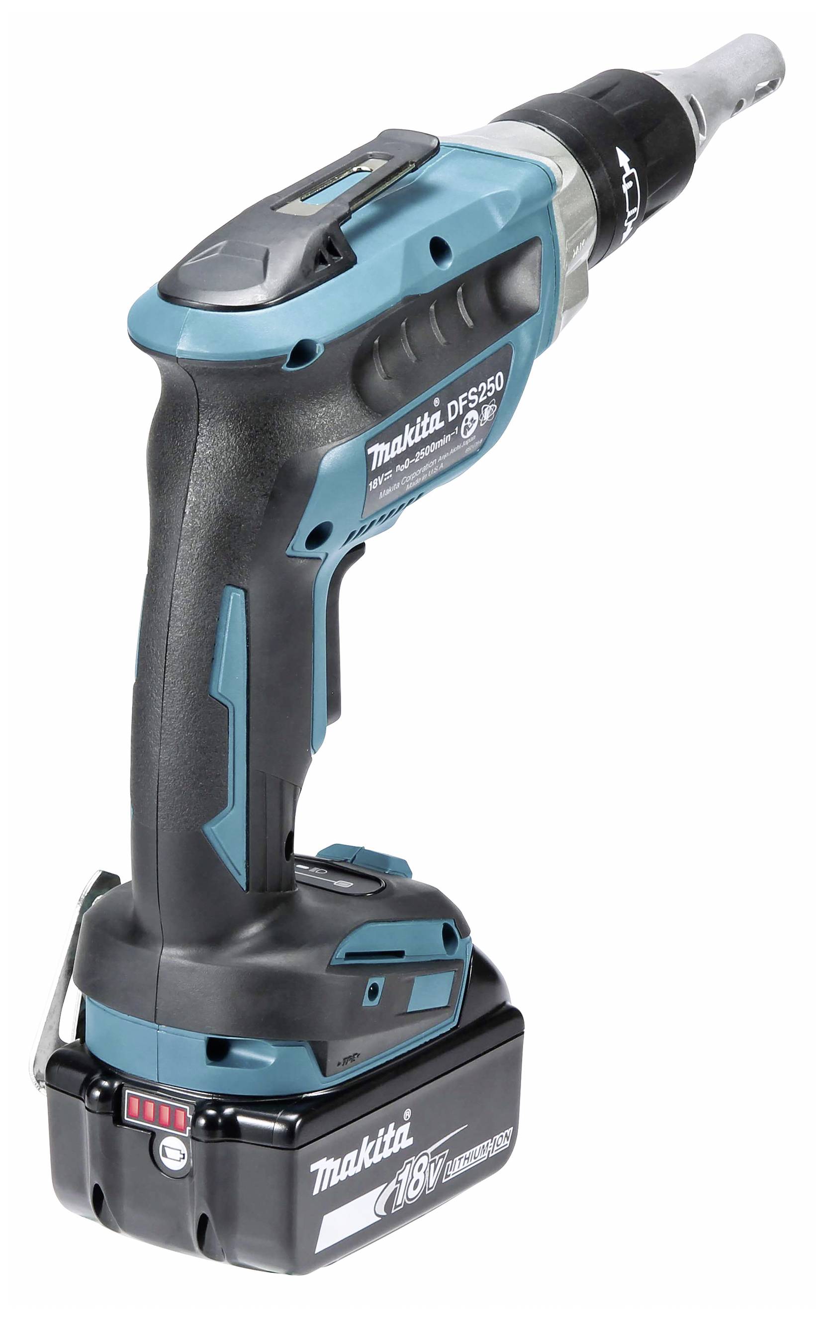 Bezdrátový aku šroubovák v modré a černé barvě s ergonomickou rukojetí a 18V lithium-iontovou baterií, vhodný pro šroubovací práce.