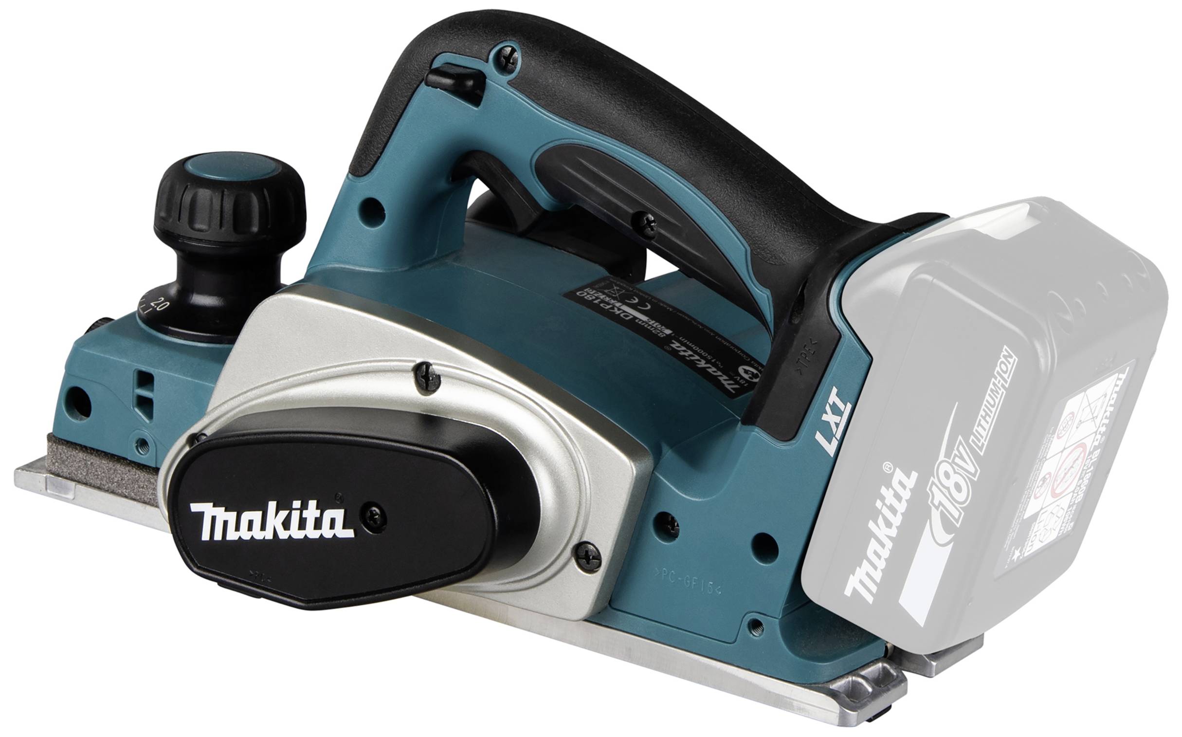 Bezdrátová elektrická hoblice s ergonomickou rukojetí, nastavitelnou hloubkou hoblování a logem Makita, připravená k použití.