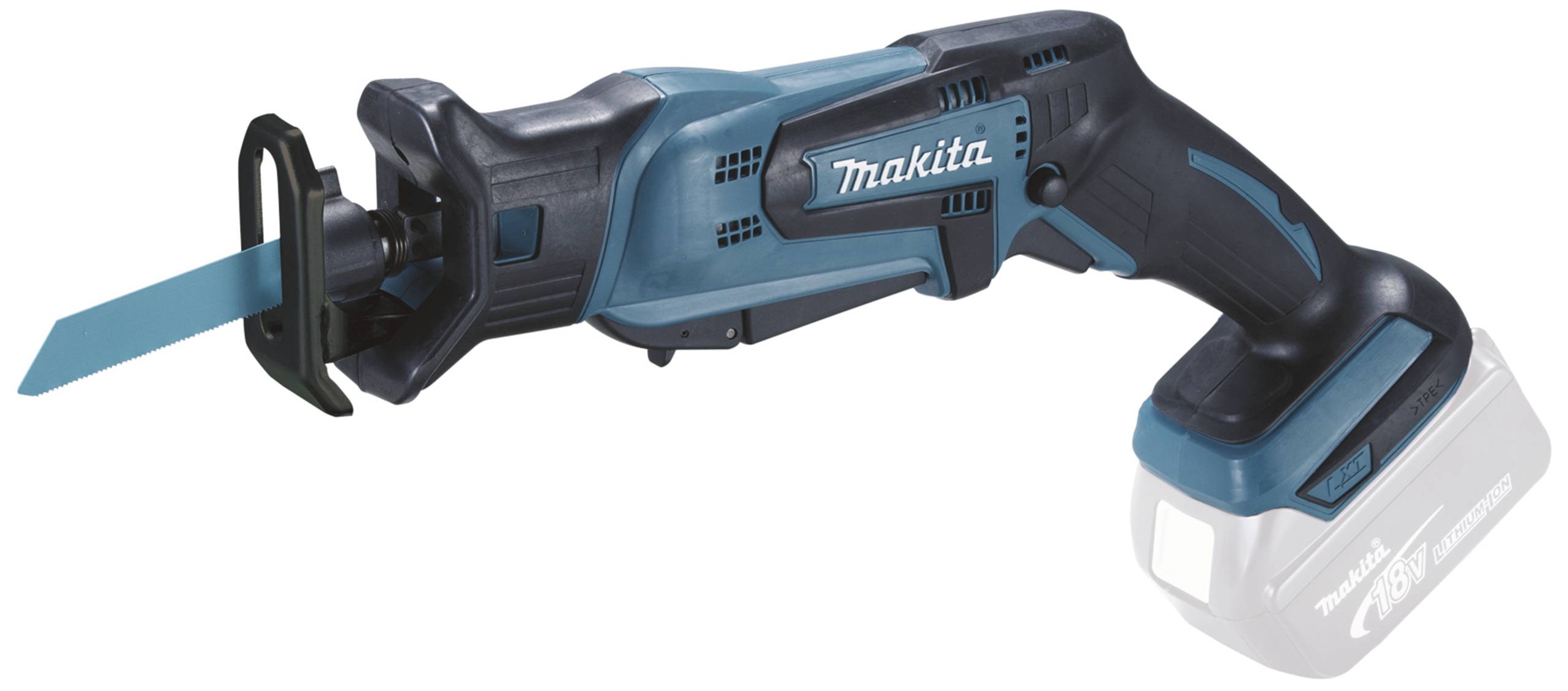 Akumulátorová pila s modro-černým designem. Nástroj je bezdrátový s ergonomickou rukojetí pro snadnější manipulaci.