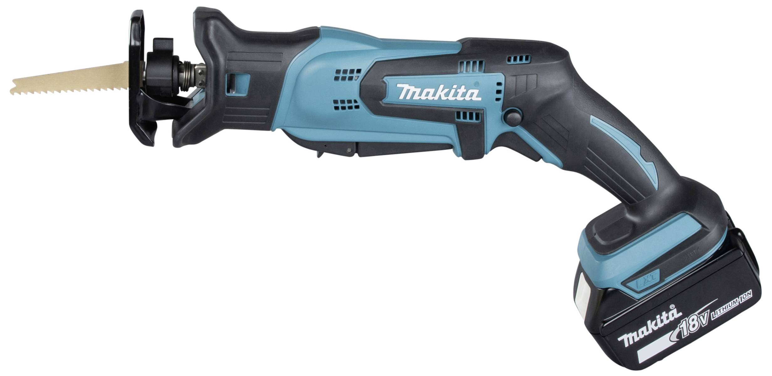 Bezdrátová aku šavlová pila Makita 18V v modro-černém provedení. Design ukazuje ergonomickou rukojeť a pilový list.