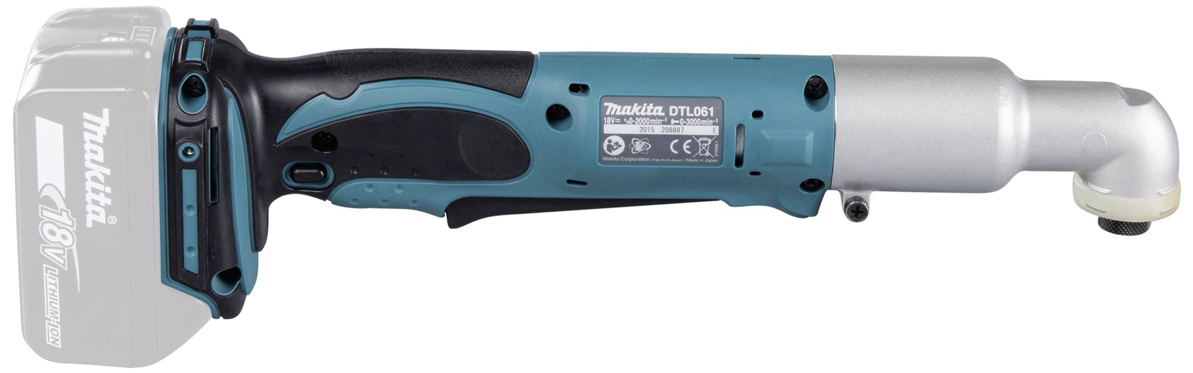 Modrý a černý Makita akumulátorový úhlový šroubovák s 18V akumulátorem.
