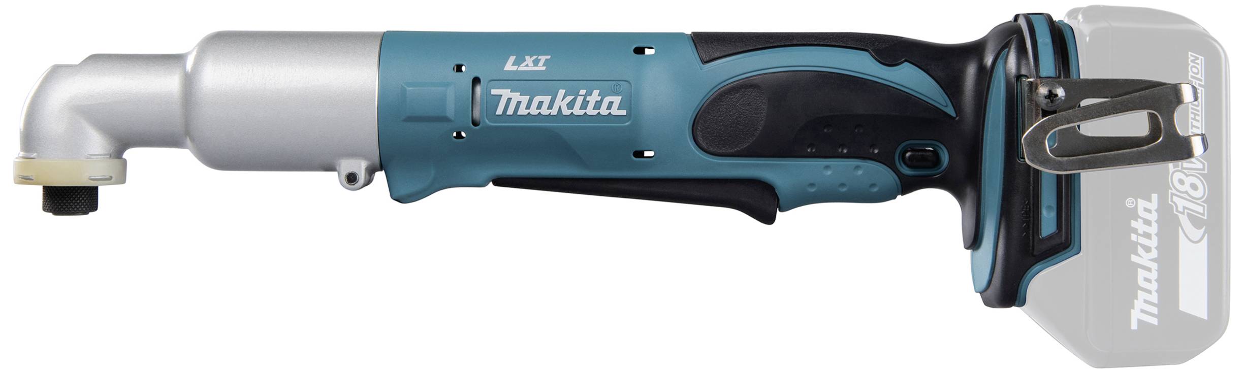 Modrý aku úhlový rázový šroubovák Makita bez vloženého akumulátoru, s ergonomickou rukojetí pro špatně přístupná místa.