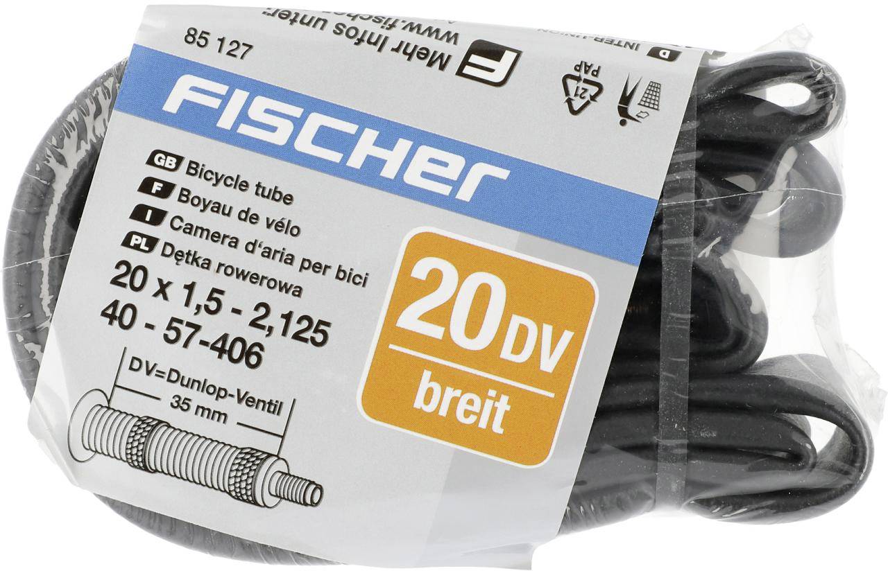 'Jízdní duše FISCHER 20x1,5-2,125, 40-57-406, s Dunlop ventilkem, 35 mm.' Balení s obrázkem ventilu a vícejazyčnými údaji.
