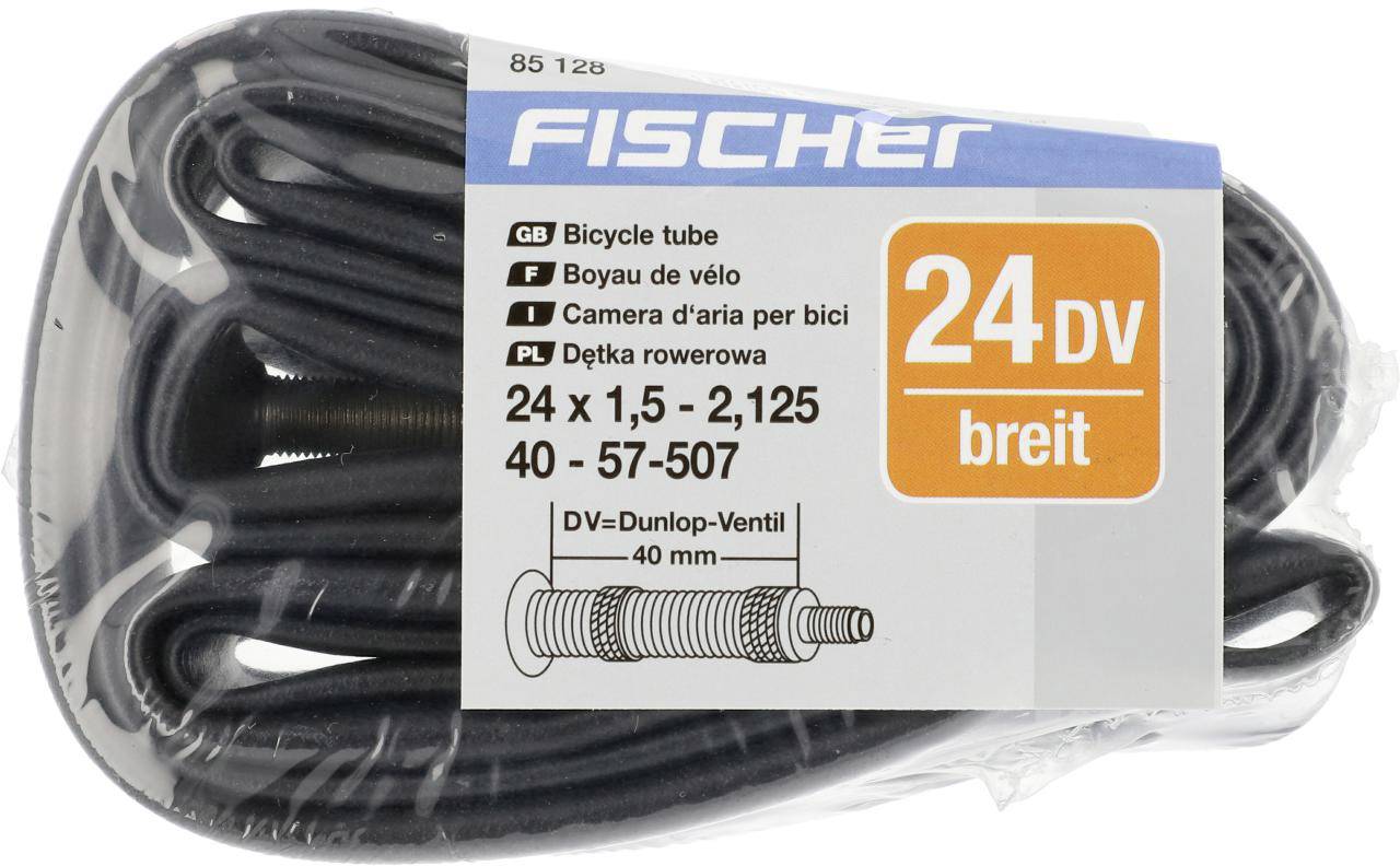 Cyklistická duše Fischer, velikost 24 x 1,5 - 2,125, 40 - 57-507, s Dunlop ventilkem, délka ventilu 40 mm, vhodná pro široké pneumatiky.