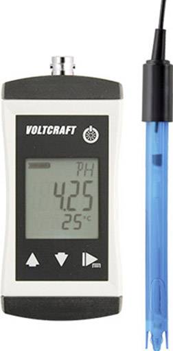 Přenosný pH metr s digitálním displejem zobrazuje 'pH 4,25' a '25°C'; modrá elektroda pro měření je umístěna vedle něj.