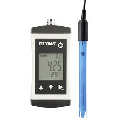 Přenosný pH metr s digitálním displejem zobrazuje 'pH 4,25' a '25°C'; modrá elektroda pro měření je umístěna vedle něj.