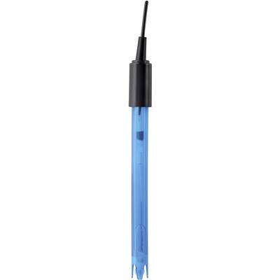 Modrý elektrodový senzor s černým kabelem, používaný pro měření vlastností kapalin, především hodnot pH v laboratorních prostředích.
