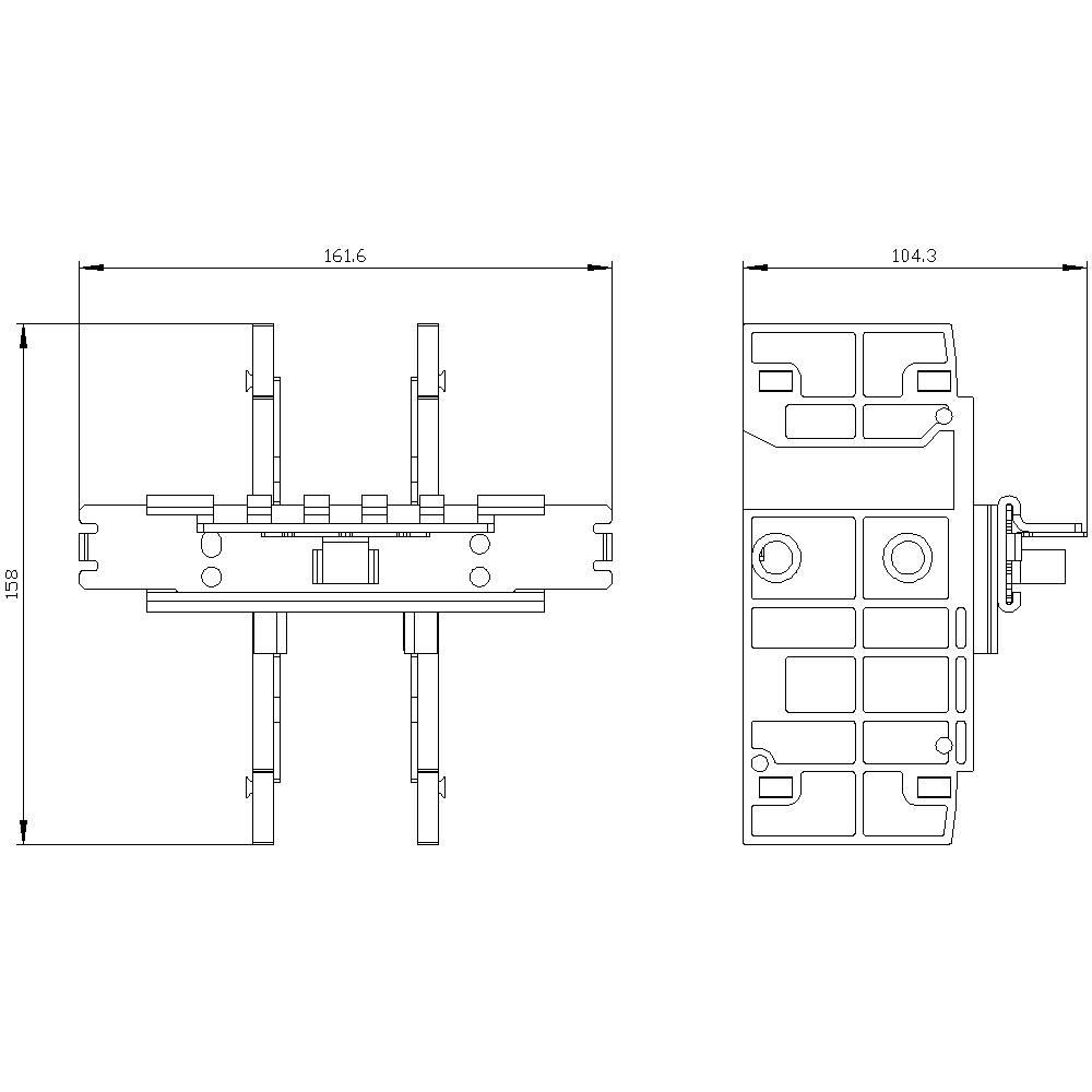 Technický výkres obdélníkového konstrukčního prvku s rozměry: šířka 161,6 mm, výška 138 mm, hloubka 104,3 mm.