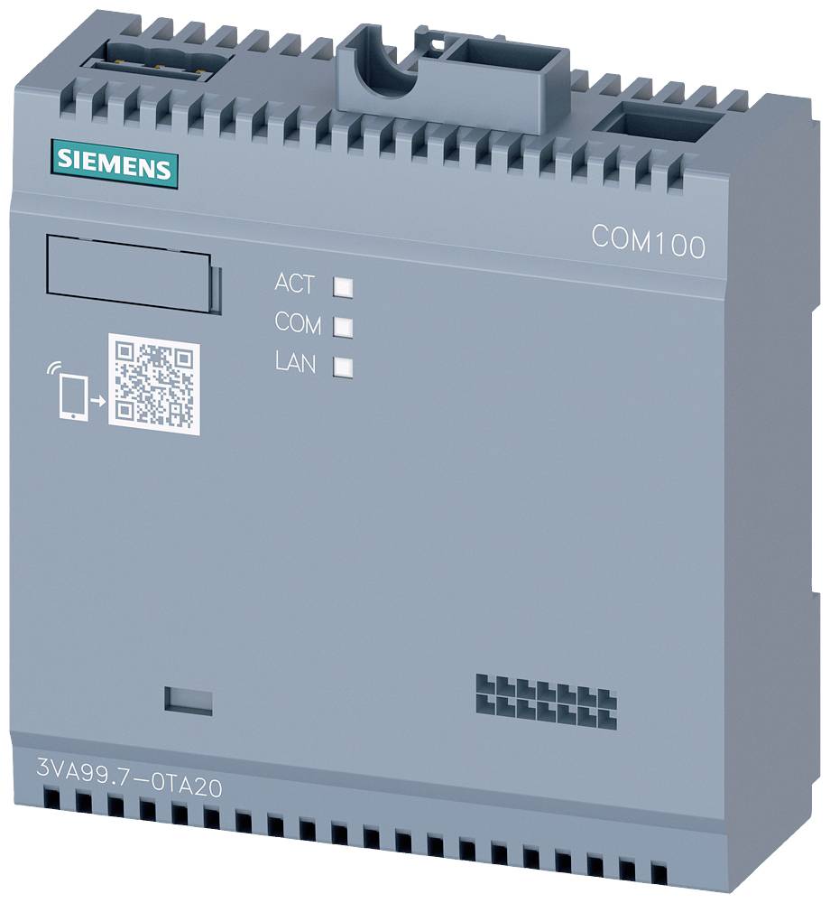 Komunikační modul 'Siemens COM100', šedý, s QR kódem a stavovými LED diodami pro ACT, COM, LAN, obdélníkový tvar.