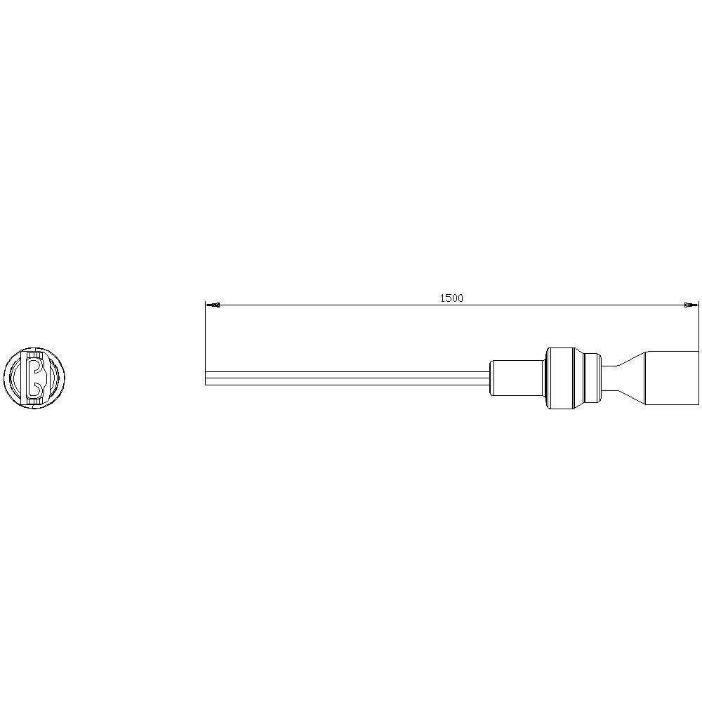 Výkres technické komponenty s rozměry. Délka kabelu je 1500 mm. Vpravo je připojení, vlevo konec kabelu.