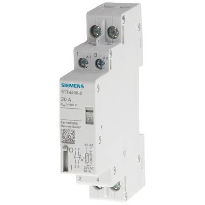 Siemens dálkový spínač (5TT4405-2) s 20 A, vhodný pro napětí až 440 V. Zařízení je bílé a má připojovací svorky nahoře.