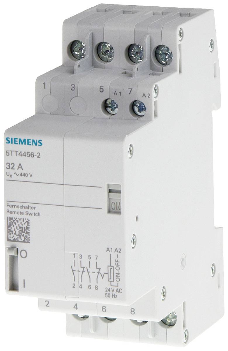 Automatický dálkový spínač od Siemens, model 5TT4456-2, 32 A, rozsah napětí 400 V, zobrazuje stavy spínání a schéma zapojení.