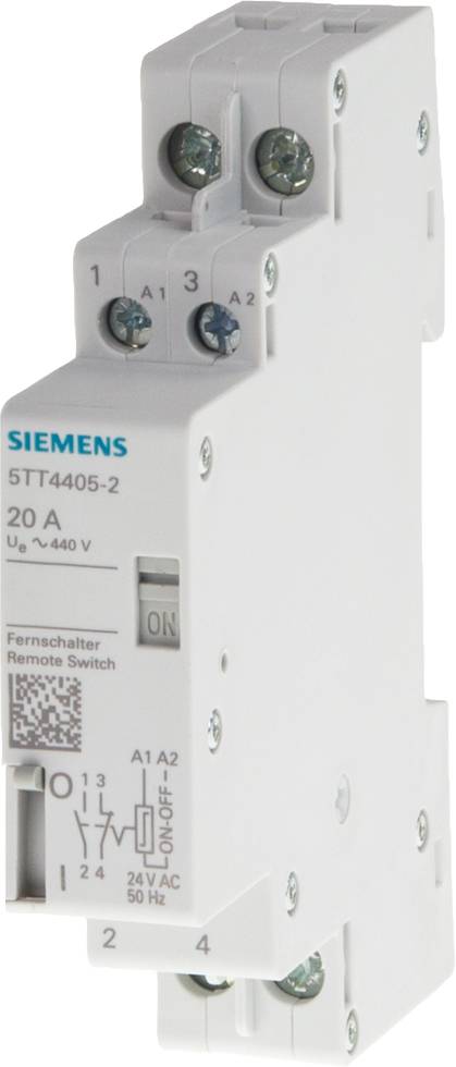 Dálkový spínač Siemens, model 5TT4405-2, 20 A, 440 V, pro spínání elektrických zařízení. Bílý, se šroubovými svorkami a spínačem.