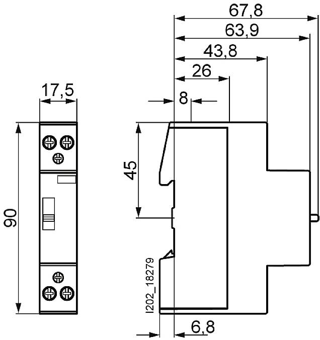 Technický výkres elektrické součástky s rozměry: 90 mm výška, 17,5 mm šířka, 67,8 mm délka. Zobrazuje šroubové svorky a montážní kolejnicový držák.