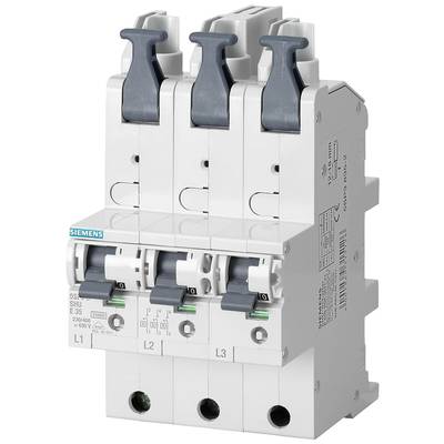 Třípólový jistič od Siemens, model 5SL3. Vhodný pro 400 V a 50 Hz, s pákami pro L1, L2 a L3.