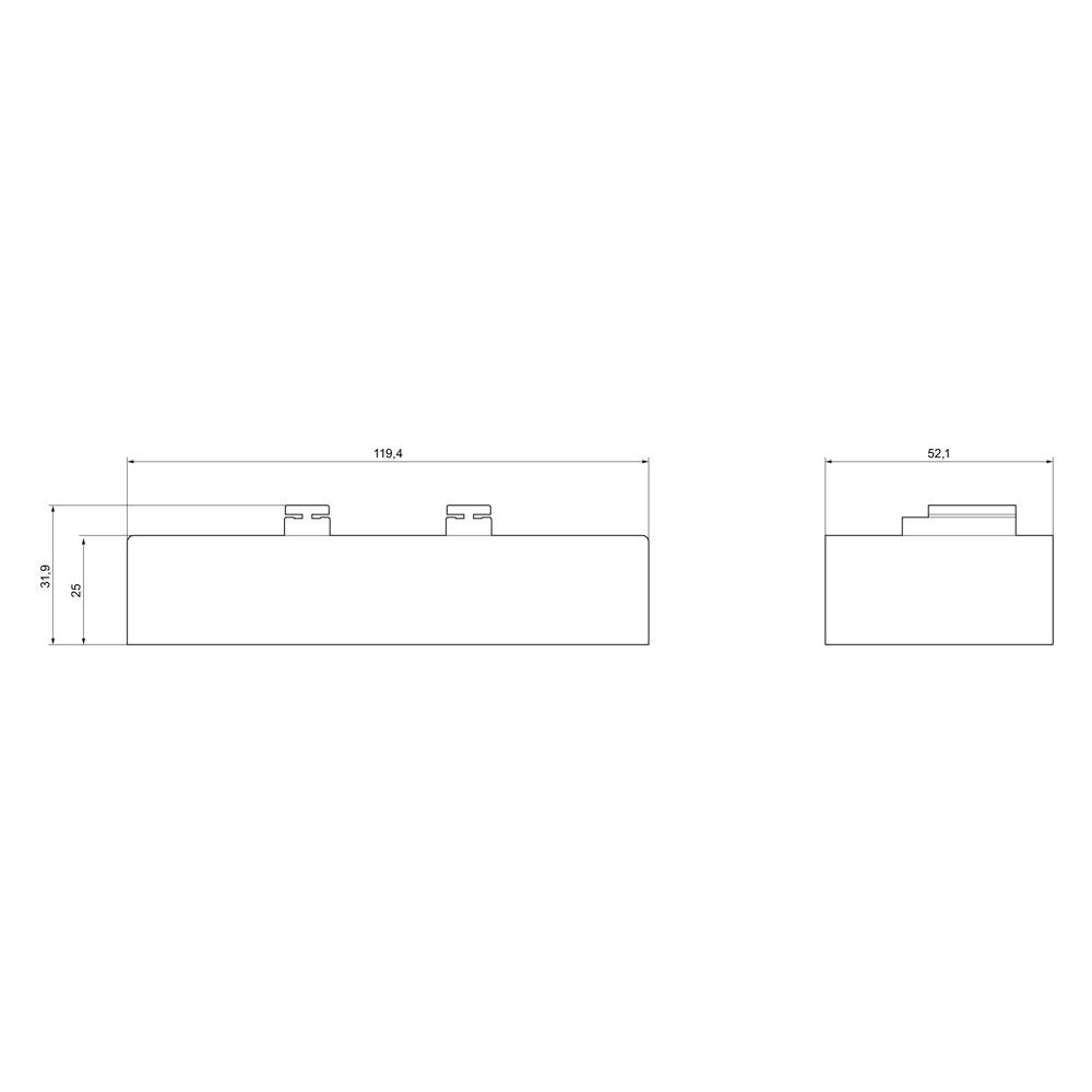 Výkres obdélníkové technické komponenty s rozměry. Vlevo: 119,4 šířka, 31,9 výška. Vpravo: 52,1 šířka, s body uchycení.