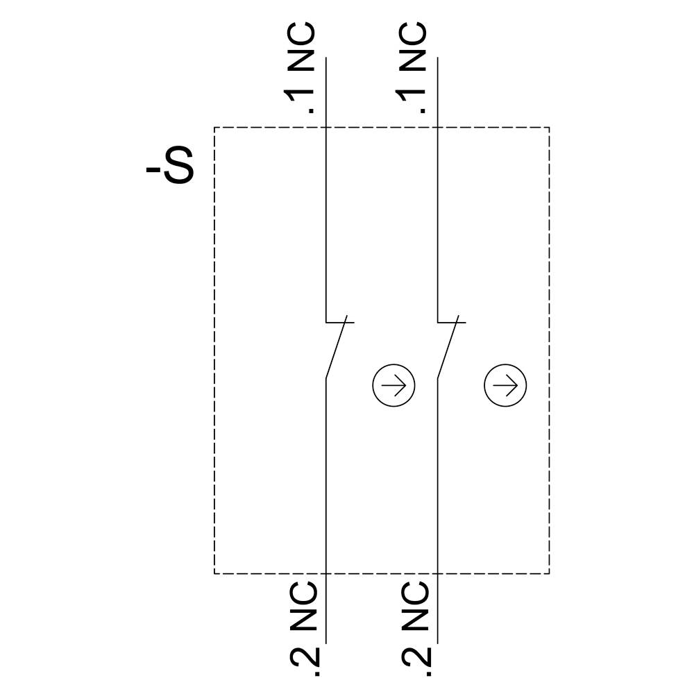Elektrický schéma ukazuje dva spínací kontakty, každý označený štítky '.1 NC' a '.2 NC'. Propojení jsou vyznačena šipkami.