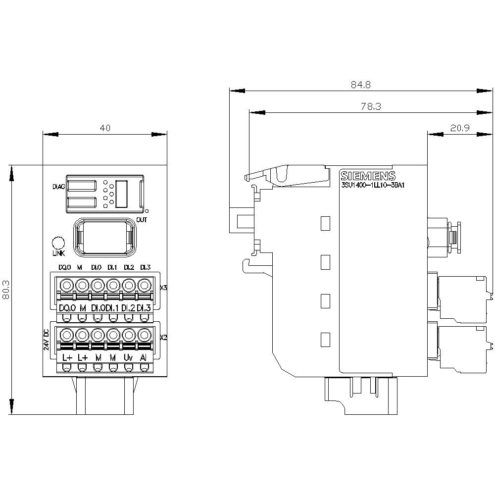 Technický výkres elektronického zařízení s detailními rozměry. Pohledy zepředu a z boku se zobrazenými konektory a popisky.